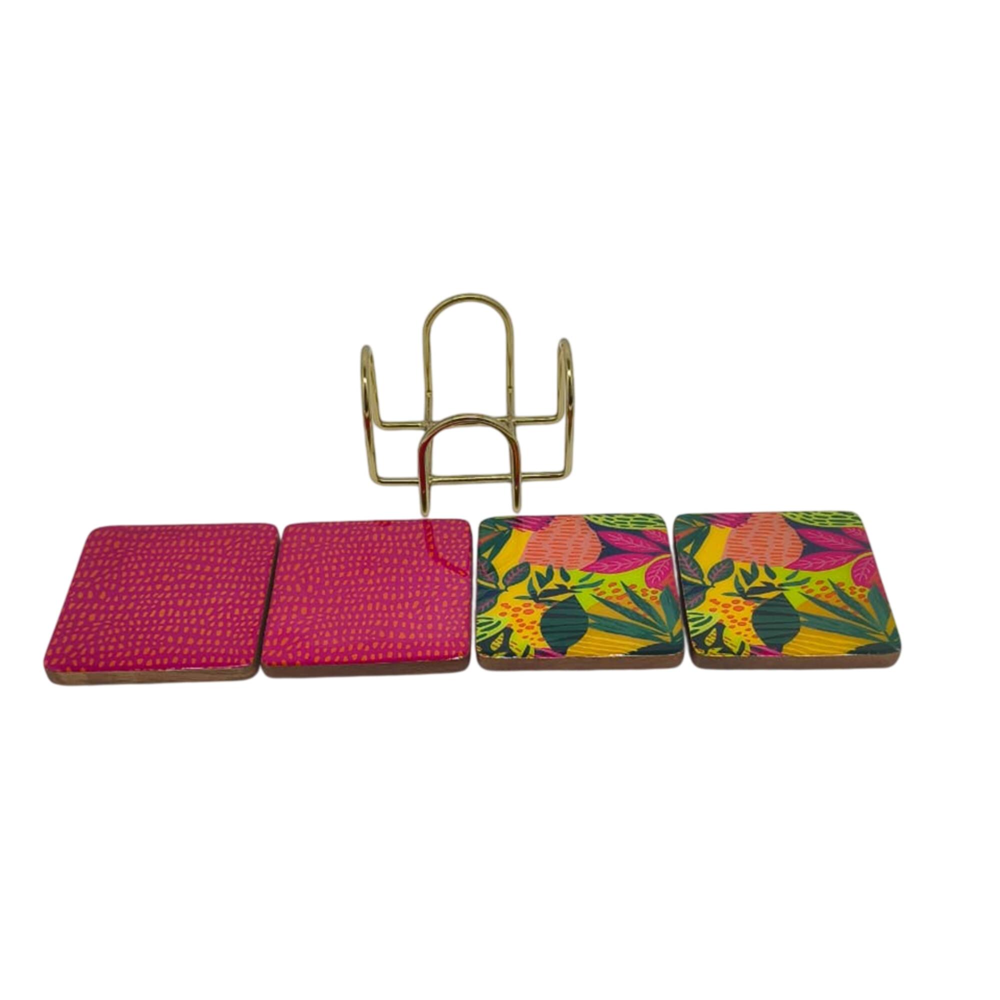 Square Tropical Wood Coaster Set with Gold Metal Stand by Ashland®